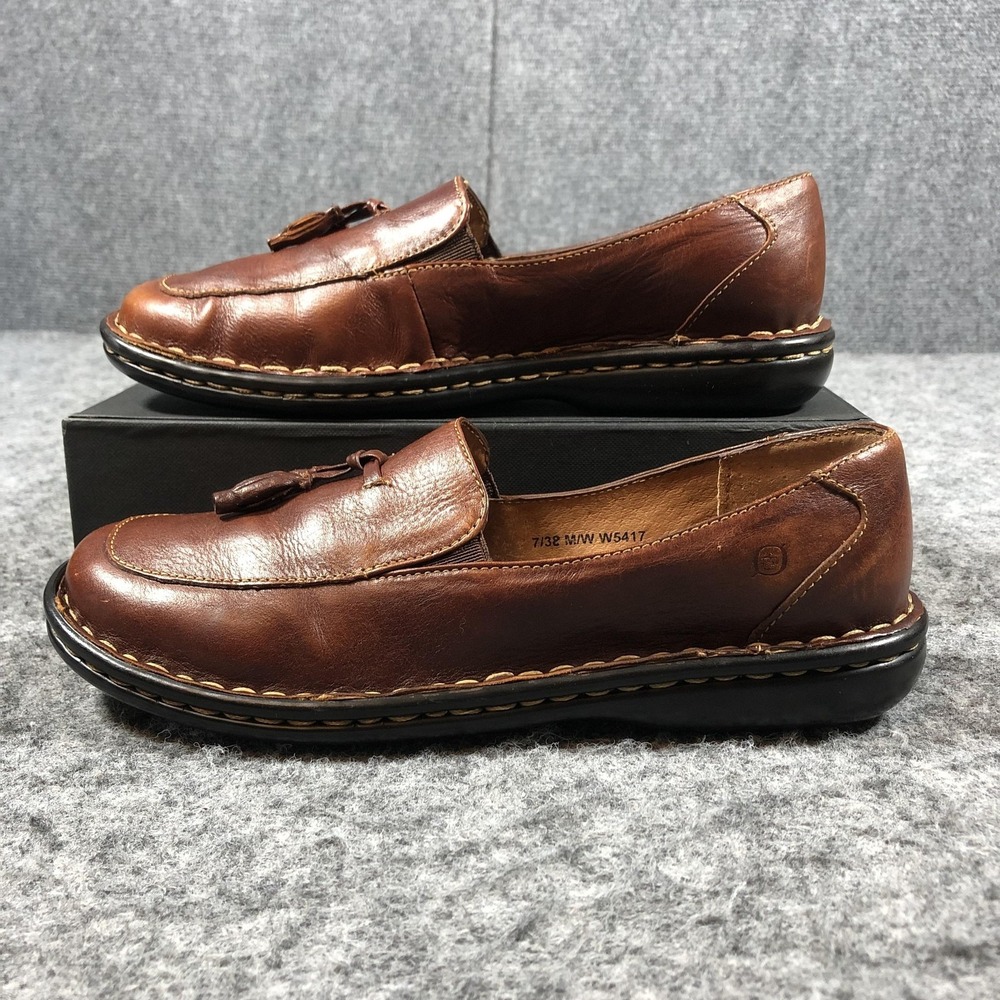 Born Womens 7 Brown Leather Tassel Loafers Slip On Comfort Flats - Picture 3 of 16